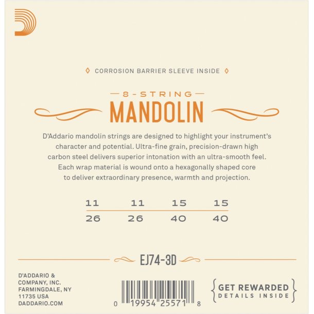 D'Addario EJ74-3D, 011-040 3-pack Mandolin Phosphor Bronze